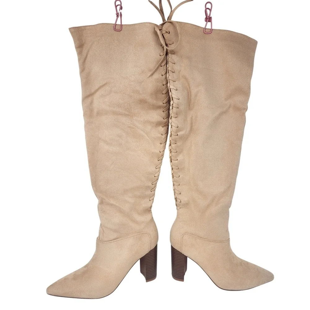 Womens Tan Faux Suede Thigh High Lace Up Back Block Heel Boots Size‎ 7.5 NEW